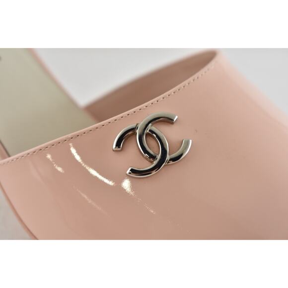 Chanel 23S Pink Patent Leather CC Logo Pearl Heel Backless Mule Sandal Pump 37 - Picture 7 of 15
